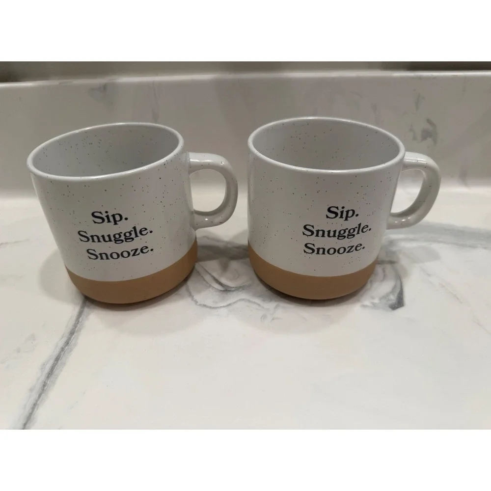 Set of 2 Speckled Ceramic Coffee Mugs Sip Snuggle Snooze White Tan Rustic